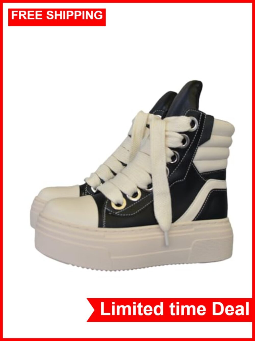 Platform Chunky Heel Sneakers PU Leather High Top Casual Shoes Lace-Up Zip